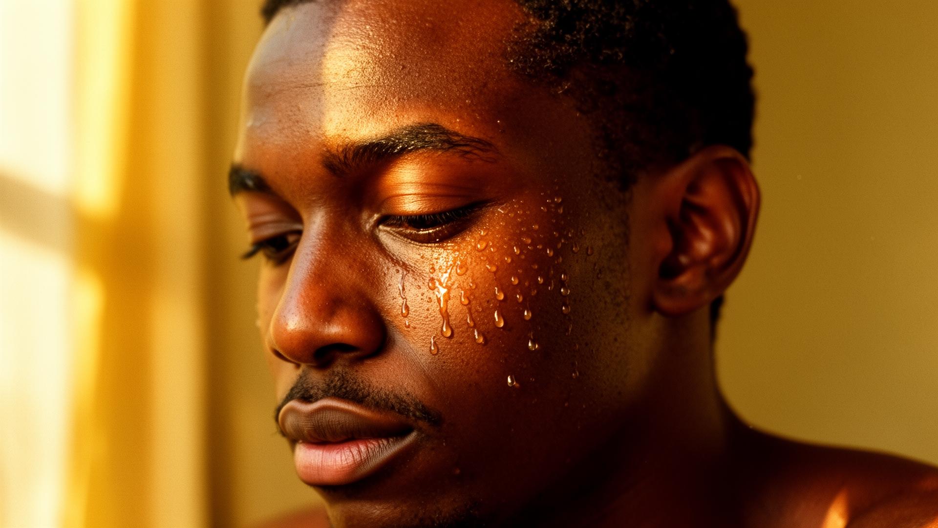 Editorial close-up of a Black man's face after cleansing, water droplets catching golden window light along the cheekbone.