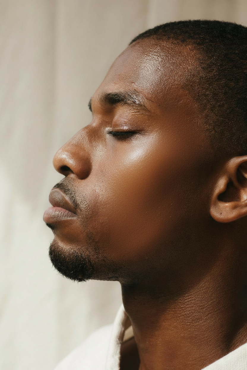 An editorial profile of a Black man's face with luminous, dewy skin catching golden light — eyes closed in quiet devotion.