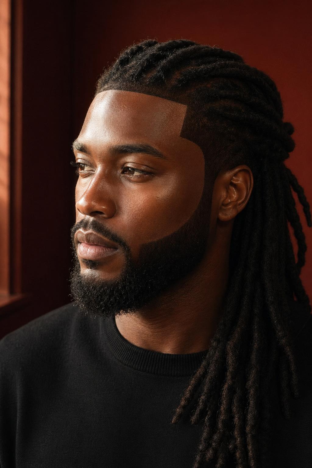 An editorial portrait of a Black man with well-groomed mid-length locs, a razor-sharp lined-up hairline and sculpted beard, lit by warm cinematic window light.