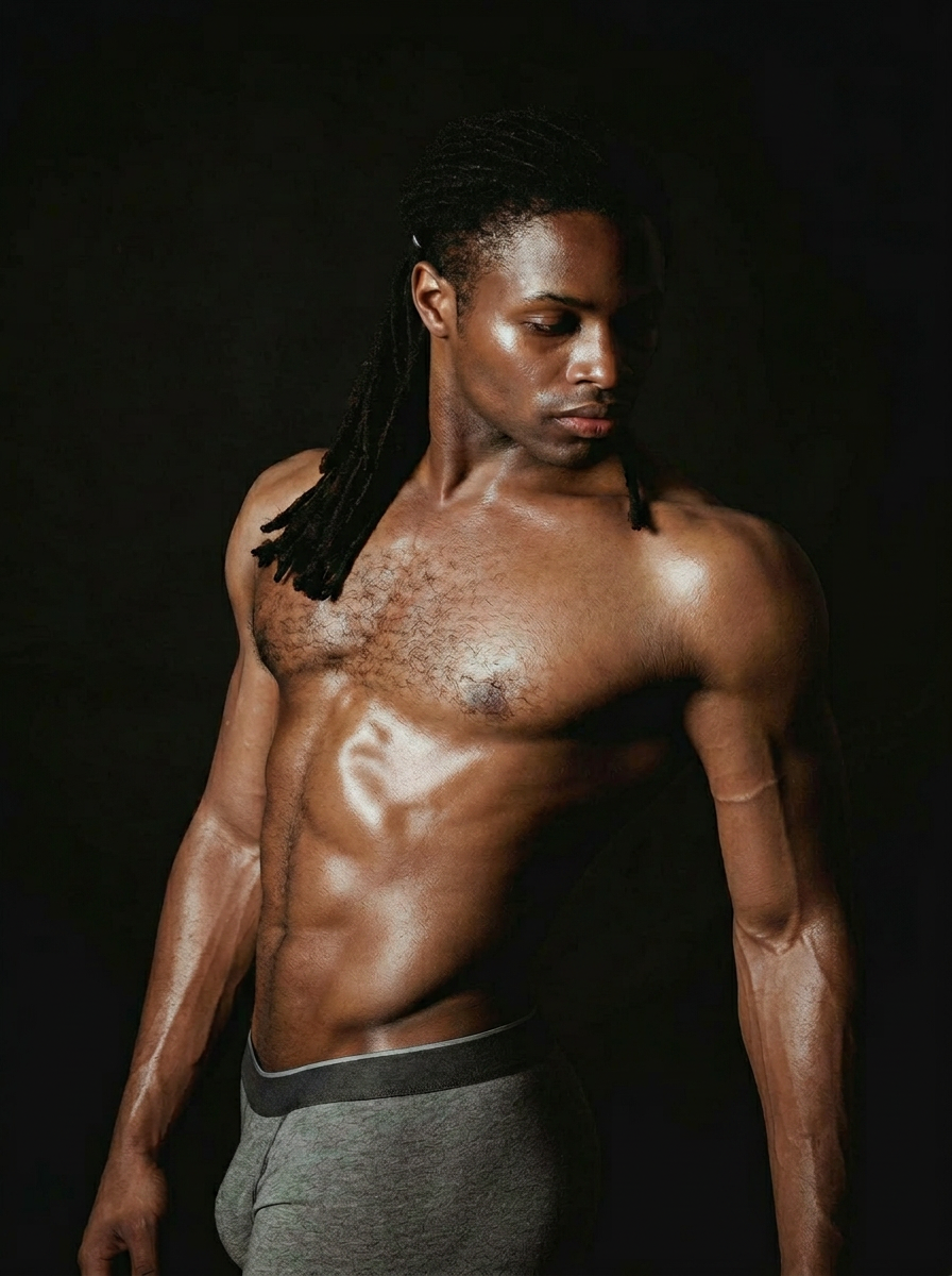 A sculptural studio portrait of a lean, defined Black man with locs against a deep black backdrop.