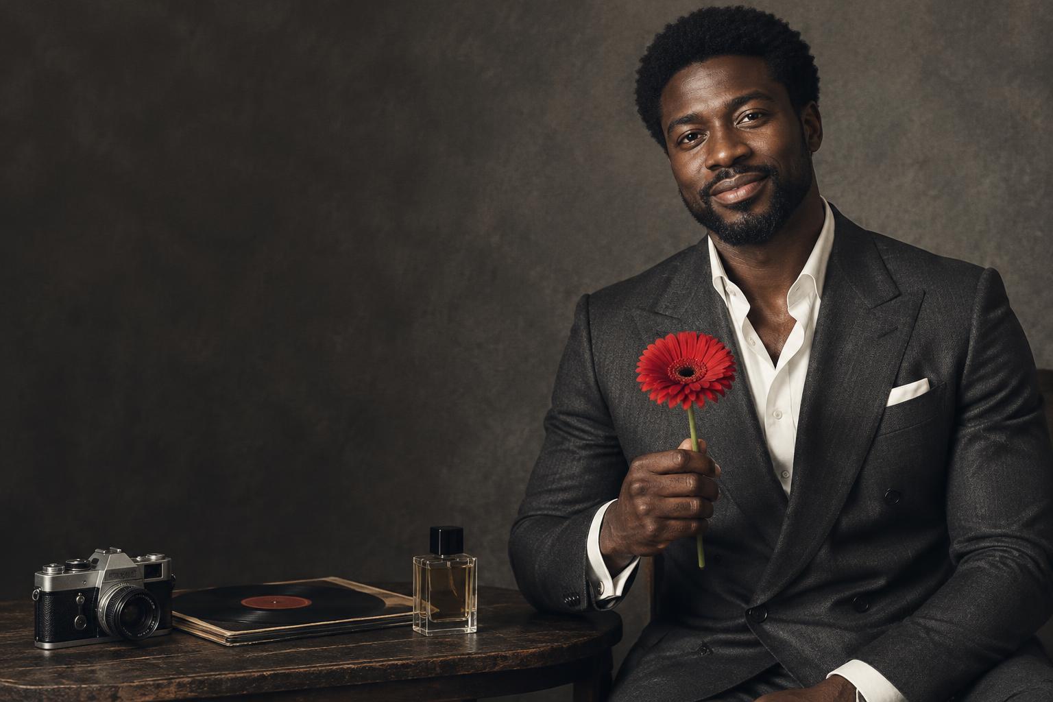 A Black man with natural hair and a tailored charcoal suit holding a red flower, beside a camera, fragrance bottle, and vinyl records.