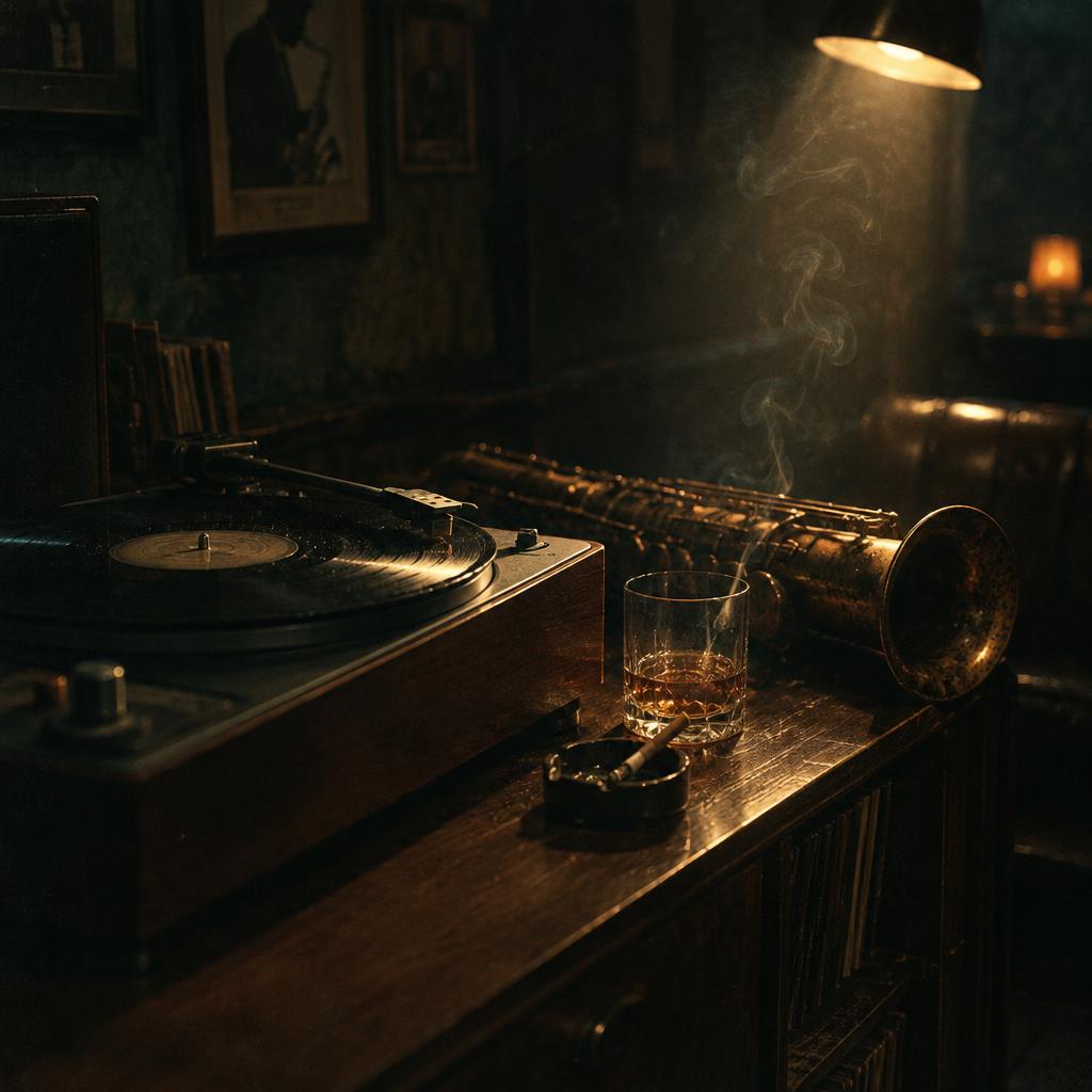 A quiet listening room at night: a vintage turntable and a brass saxophone on a walnut sideboard, a glass of whiskey, a brass lamp, and smoke drifting through a shaft of gold light.